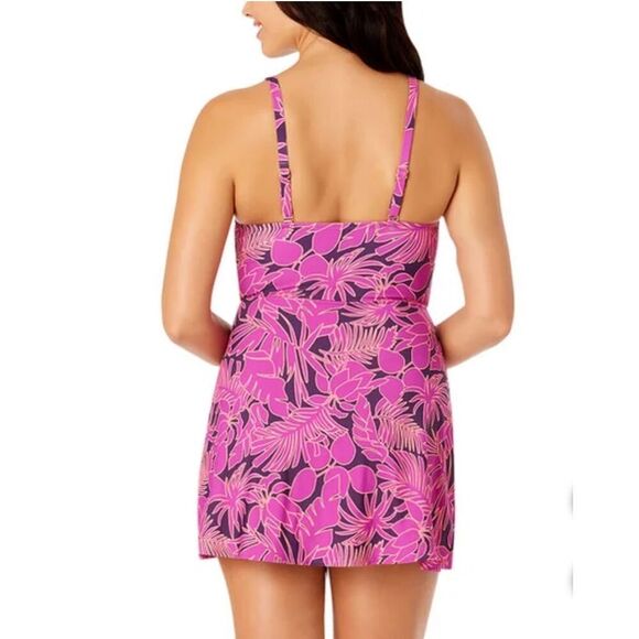 LANDS’ END Ladies’ Swim Dress Medium Purple Floral Built-in One Piece Swimsuit - Picture 2 of 16